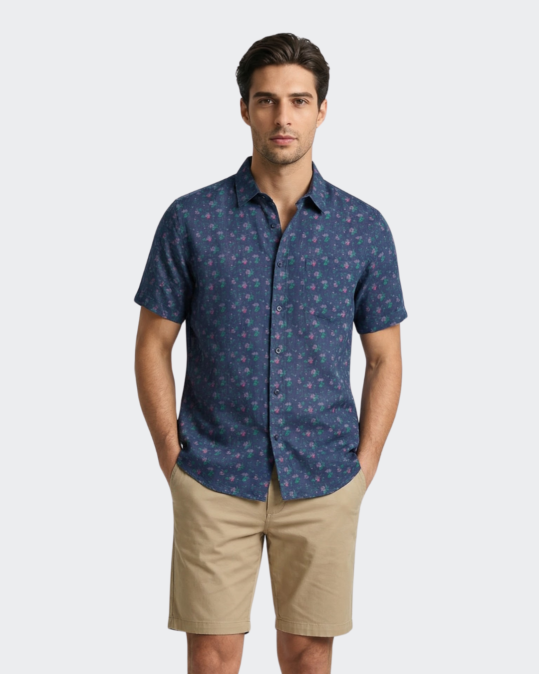 navy blue dress shirt short sleeve Navy Floral Short-Sleeve Button-Down Shirt – Vustra