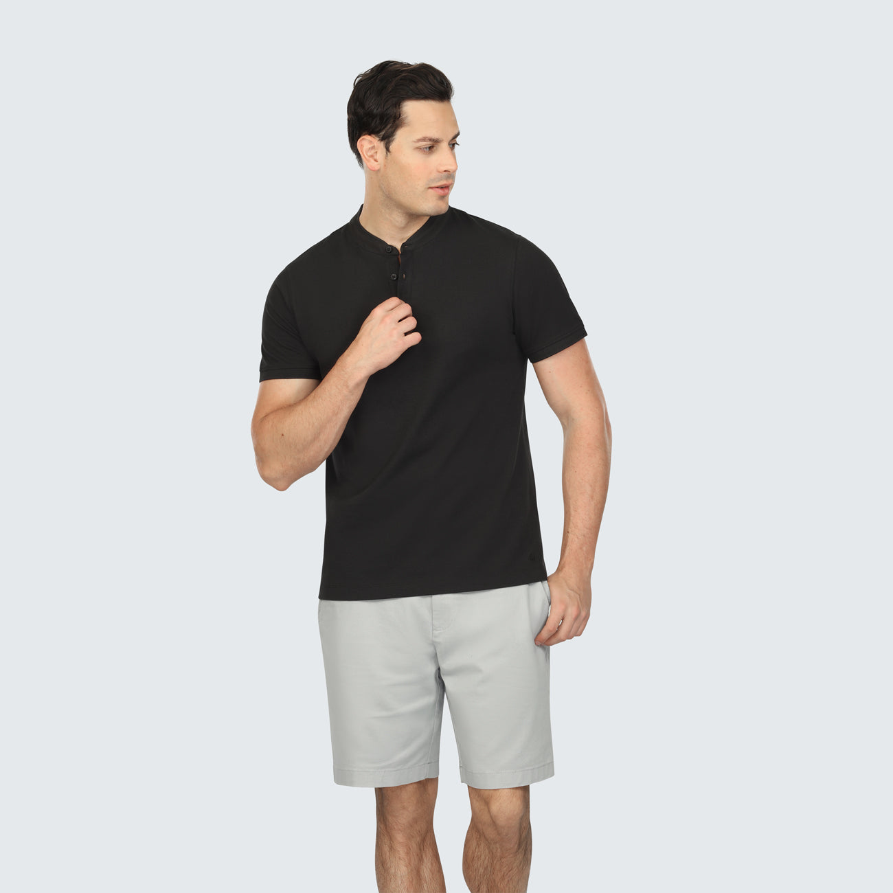 Black Short Sleeve Pique Henley