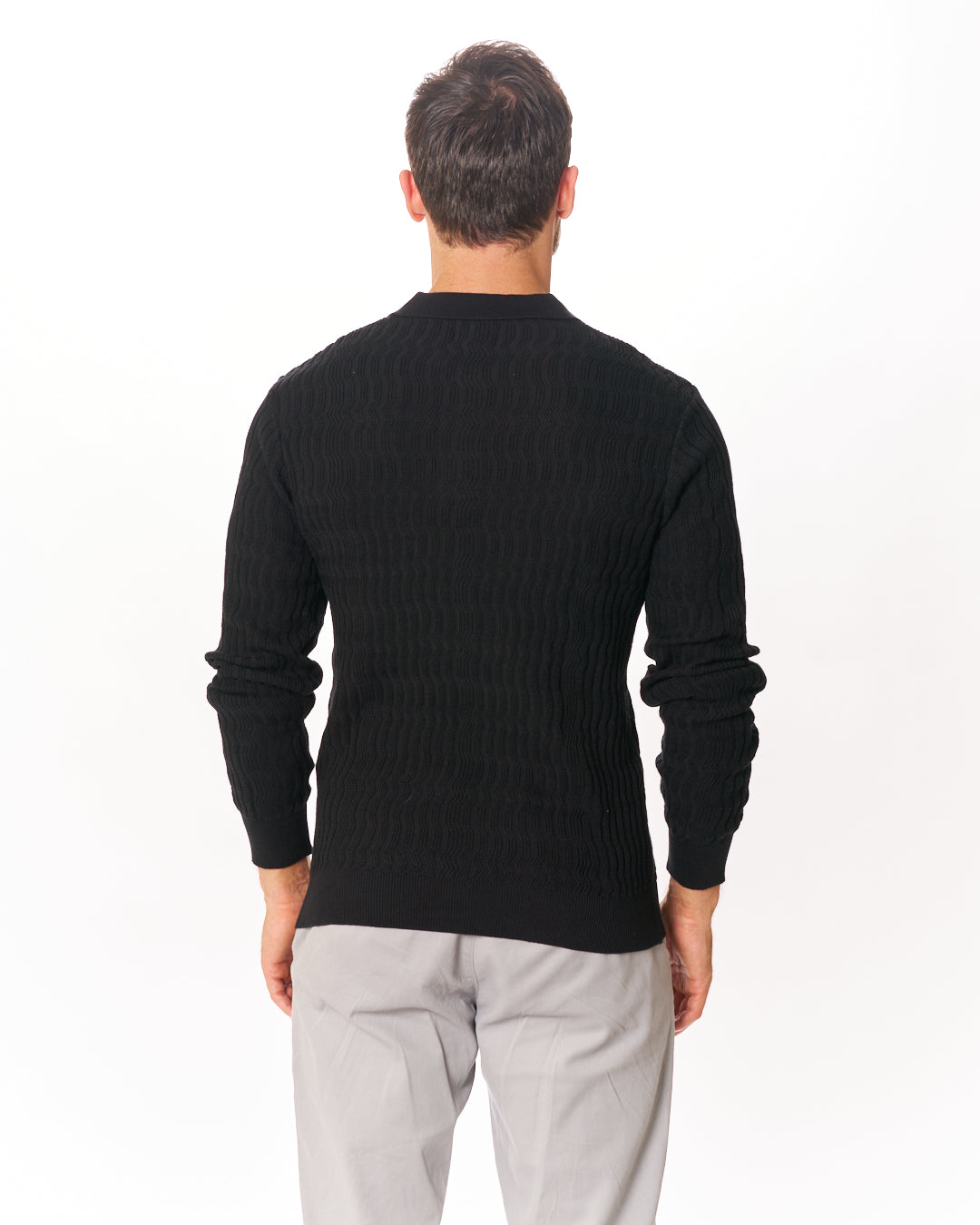 Black Long Sleeve Jacquard Knit Polo – Vustra