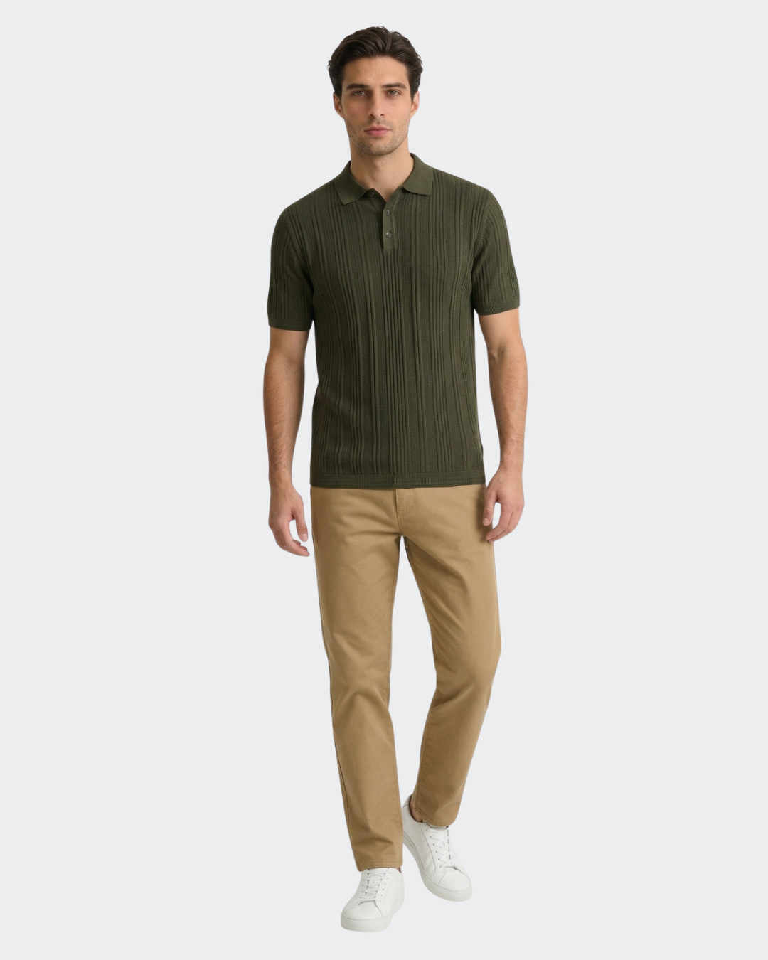 Cotton Knit Short-Sleeve Polo オリーブ 1 Olive Cotton Short Sleeve Knit Polo – Vustra